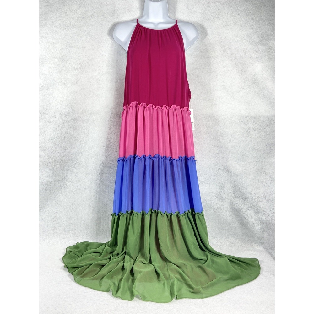 Chico's Maxi Dress Size 2 US 12 Pink Blue Green Tired Boho Colorbock Chiffon New